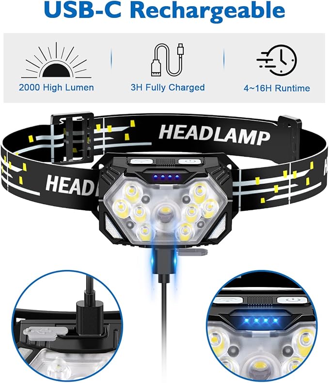 2000LM Ultra Bright 9 LED Headlamp, USB C Rechargeable Headlight, 10 Modes, Waterproof Motion