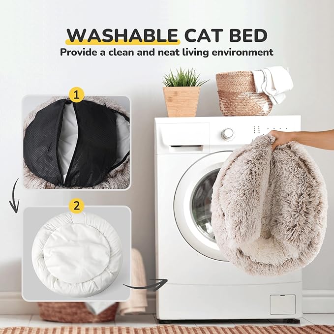 CATISM Plush Hooded Cat Bed, Calming Nest, Self-Warming Cave, Cozy Pod for Indoor Cats or Small