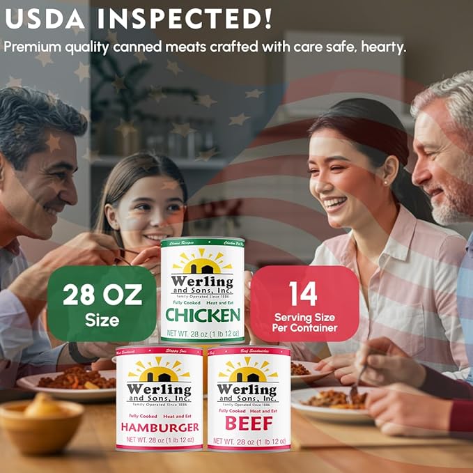 Werling & Sons Canned Meat Variety Pack 28 oz – Fully Cooked & Ready to Eat | 2 Hamburger, 2