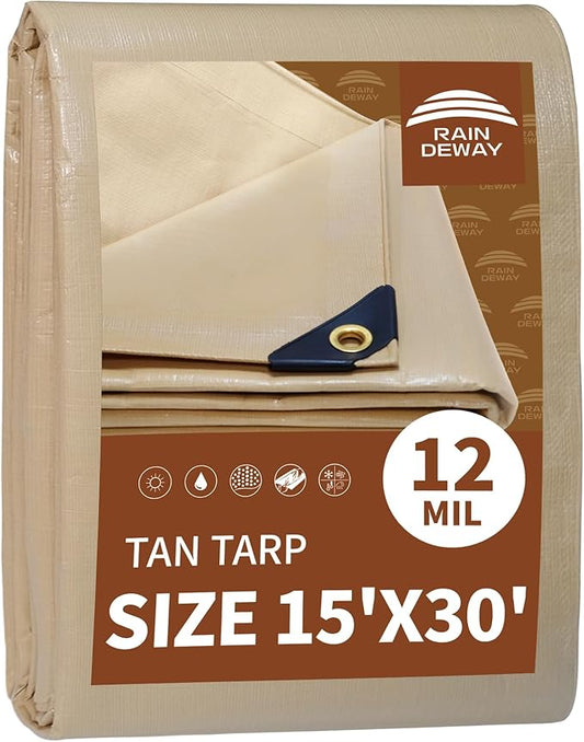 RAINDEWAY 15x30 Feet Heavy Duty Tarp,12 Mil Tan Waterproof Poly Tarp Cover,UV