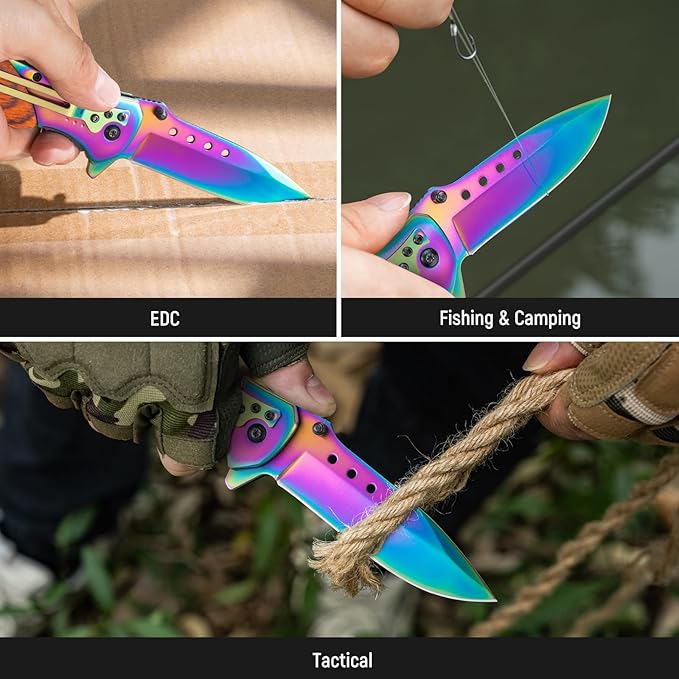 Pocket Knife for Men - 3.46" Sharp Blade Wood Handle Pocket Folding Knives with Clip, Glass Breaker