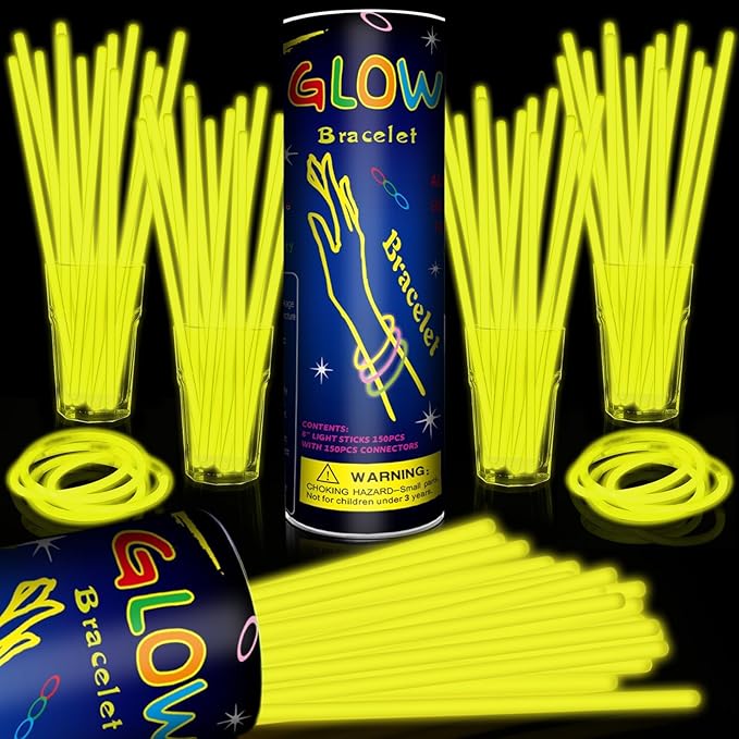 200 Pack 8'' Glow Sticks Bulk Party Favors Yellow Light Up Sticks with Connectors Neon Glow in the