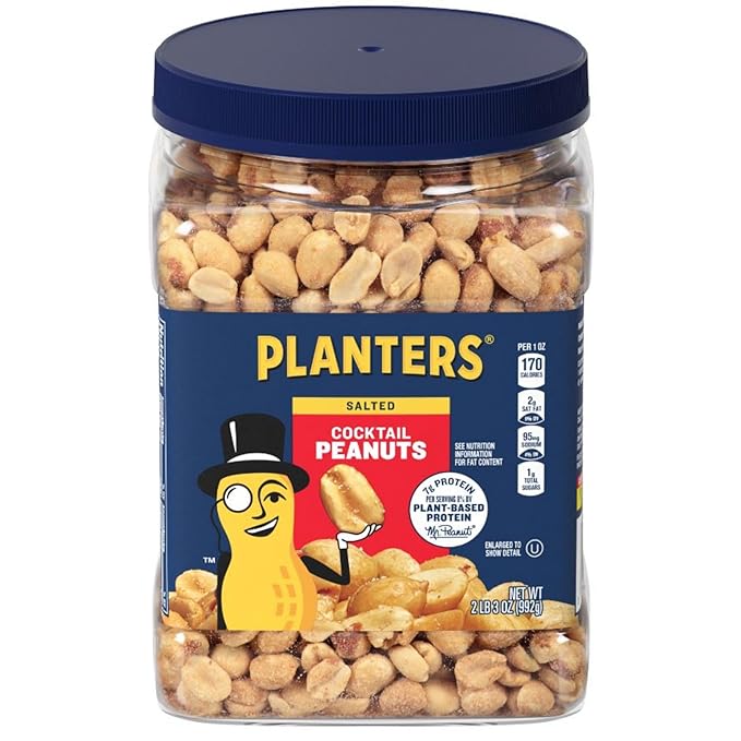 PLANTERS Salted Peanuts Cocktail, Party Snack, Plant-Based Protein, After School Snack, Roasted in