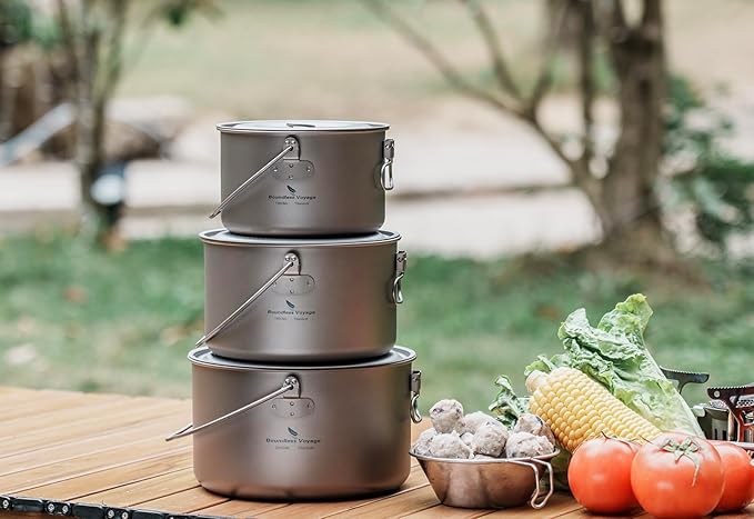iBasingo 3-Piece Titanium Pot Set (1.3L+1.95L+2.9L) with Lids Ultralight Camping Cookware for