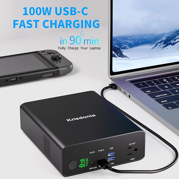 Krisdonia Power Bank with AC Outlet, Portable Laptop Charger Battery Bank USB C 100W Fast Charging