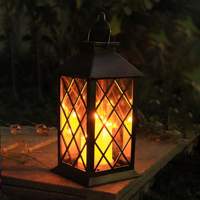 Solar Lantern Outdoor,Garden Hanging Lantern- PVC Waterproof 3 LED Flickering Flameless Candle