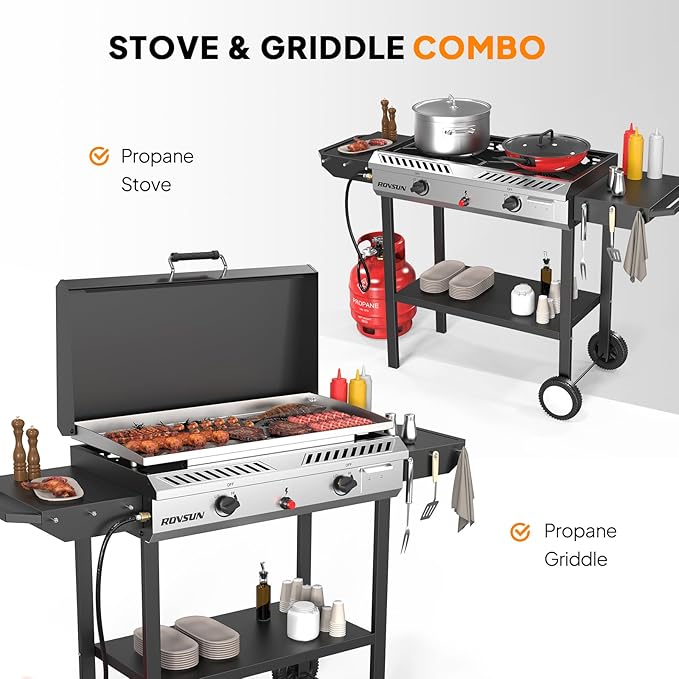 ROVSUN 2 Burner Outdoor Propane Gas Stove with Auto-ignition, Regulator & Shelf, 150,000 BTU