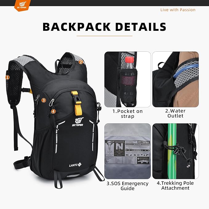 SKYSPER Small Hiking Backpack - 15L Travel Daypack Lightweight Bag Water Resistant Hiking Backpacks