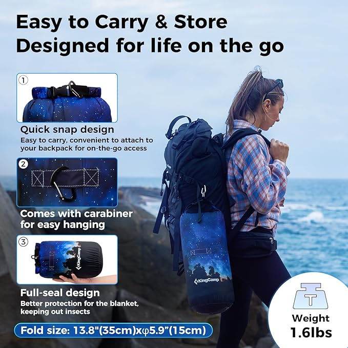 KingCamp Ultralight Camping Blanket, Packable Down Alternative Puffy Printed Wearable Blanket with