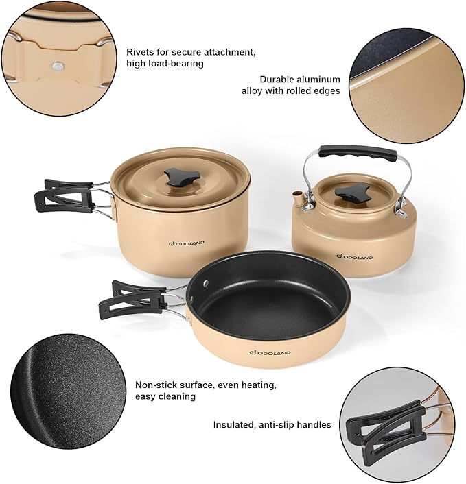 Odoland 15pcs Camping Cookware Mess Kit, Non-Stick Lightweight Pot Pan Kettle Set with Stainless