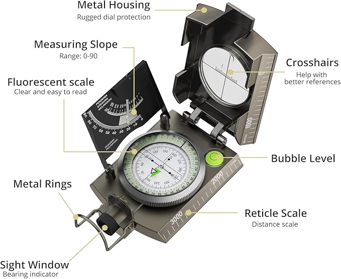 Compass Hiking Survival, IP65 Waterproof Metal Compass with Sighting Clinometer and Carry Bag