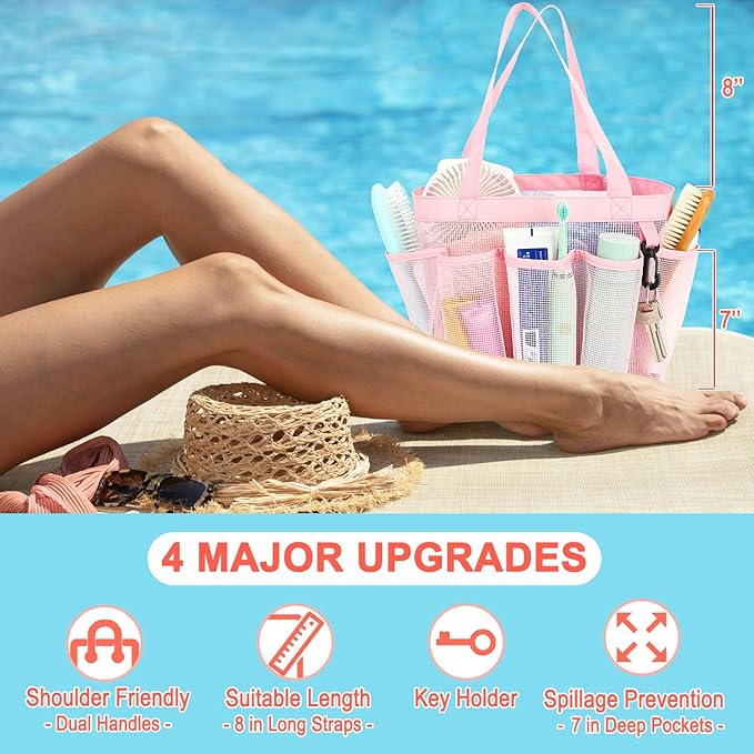 Mesh Shower Caddy Portable for College Dorm Room Essentials, 8-Pocket Large Shower Basket Tote Bag