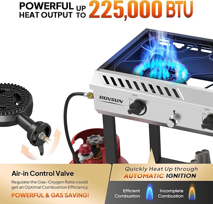 ROVSUN 3 Burner Outdoor Propane Burner with Ignition & Regulator, 225,000 BTU Powerful & Portable