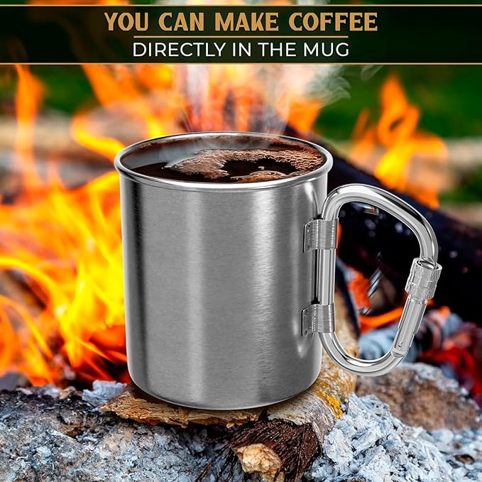 13.5 Oz Stainless Steel Camping Mug with Carabiner - Metal Camping Cup for Traveling, Lightweight
