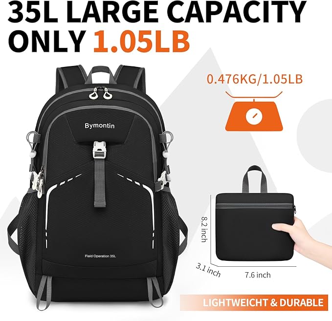 35L Lightweight Packable Backpack – Durable Foldable Daypack for Travel, Hiking, and Gym (Black)