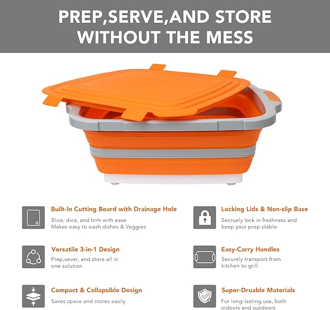 EJKJ Collapsible Cutting Board & Grill Caddy with Lid – Multifunctional Silicone Dish Tub & Food