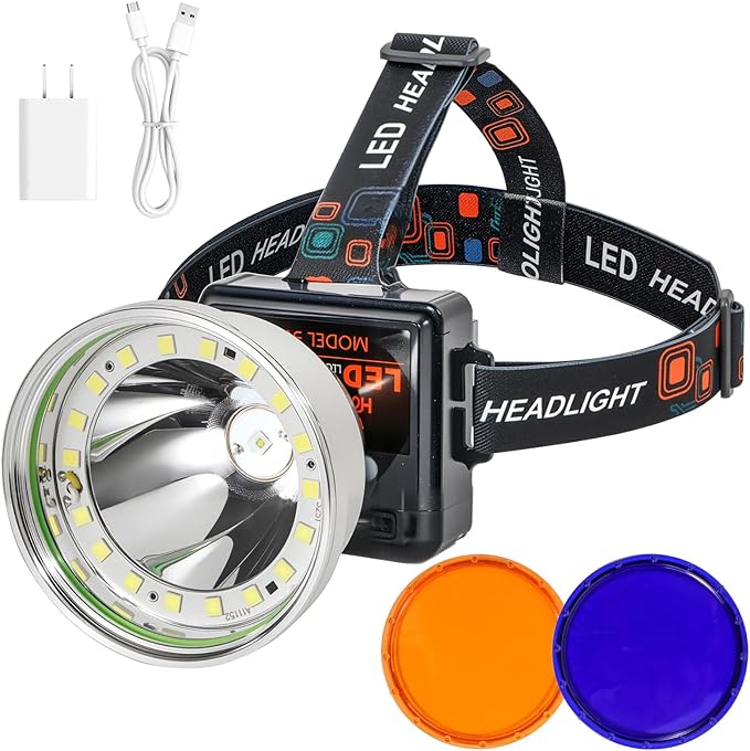 Rechargeable LED Headlamp with Flood and Spot Beam, Power Display, 4 Lighting Modes, Yellow/Blue