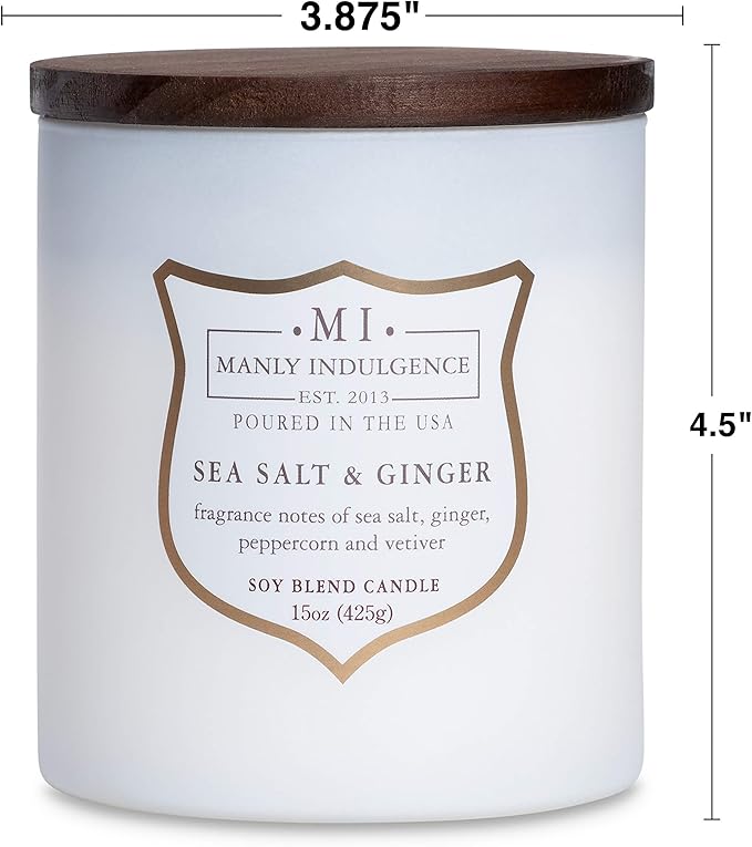 Manly Indulgence Sea Salt & Ginger Scented Candles for Men, 15 oz Wooden Wick, Premium Soy Blend