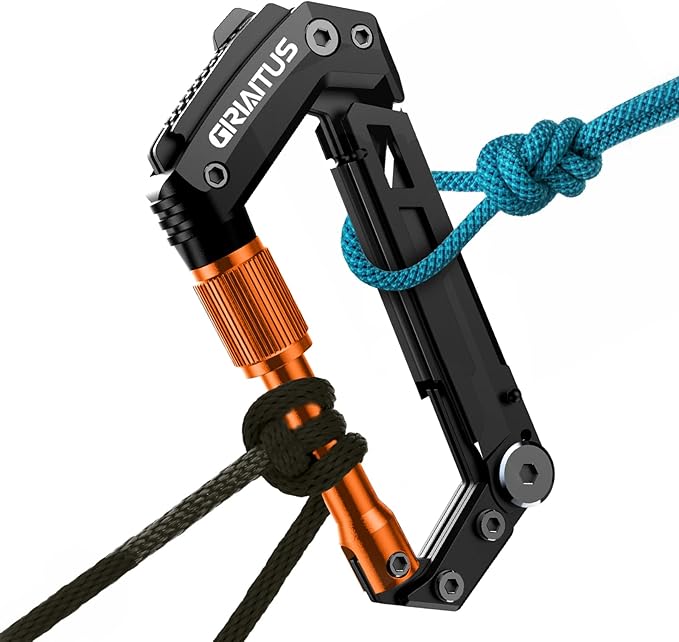 Carabiner Multitool with Pocket Knives, EDC Carabiners, Serrated Knife, Rope Cutter, Screwdriver