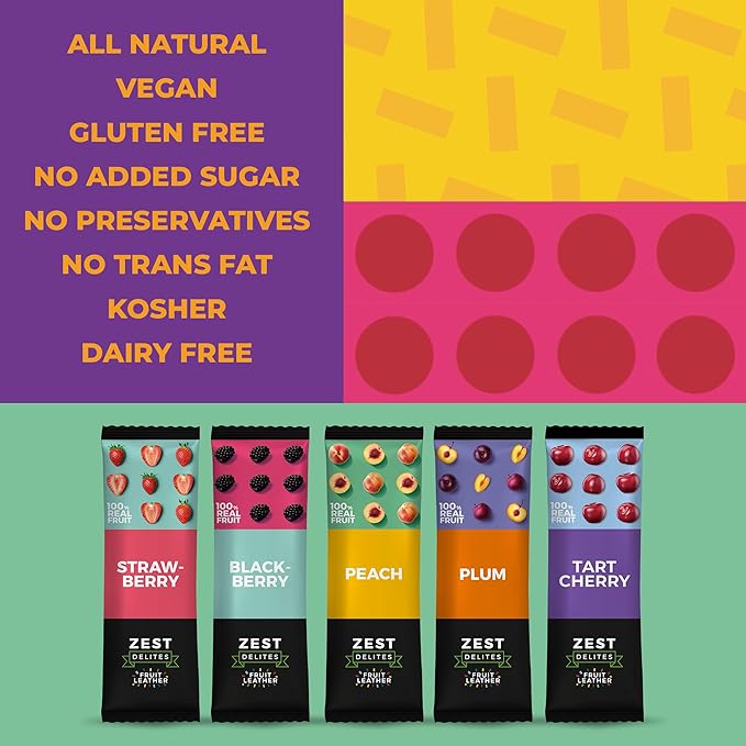Fruit Snacks by Zest Delites, Fruit Leather Bars, Healthy Snacks for Adults & Kids, Vegan