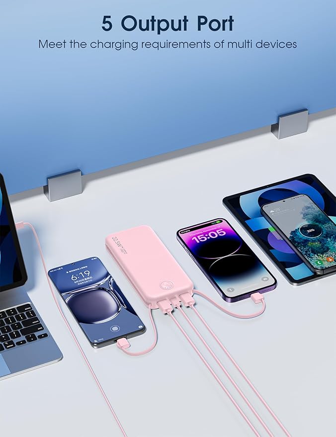 Portable Charger with Built in Cable and AC Wall Plug, USB C Power Bank 12000mAh 22.5W Super Fast