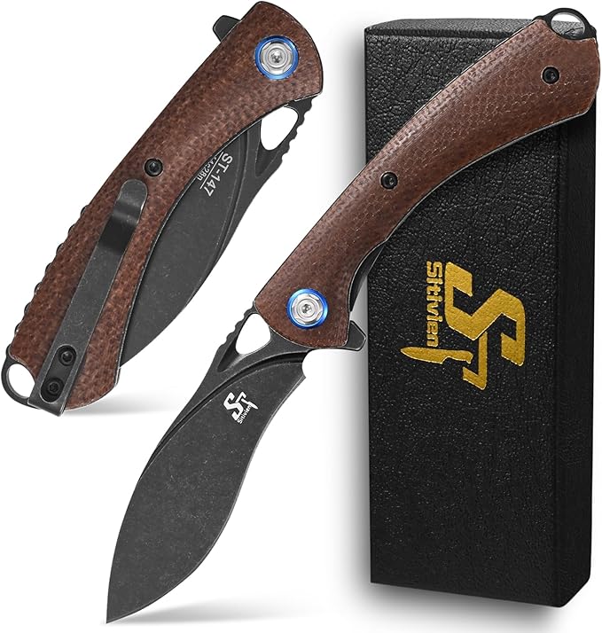 Sitivien ST147 Folding Pocket Knife,Black Stonewashed 14C28N Steel Blade with Micarta Handle