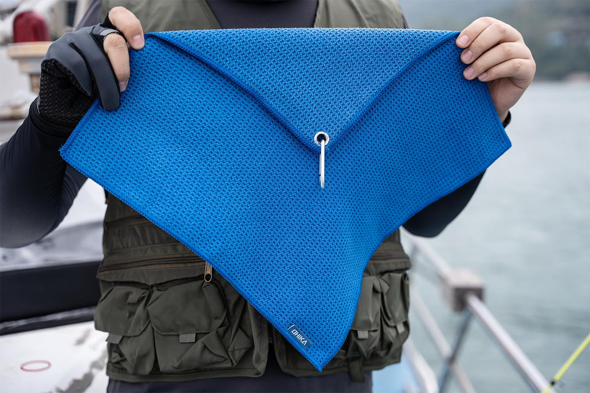 OHIKA Microfiber Fishing Towels with Clip, Waffle Pattern for Effective Cleaning of Fishing Gears
