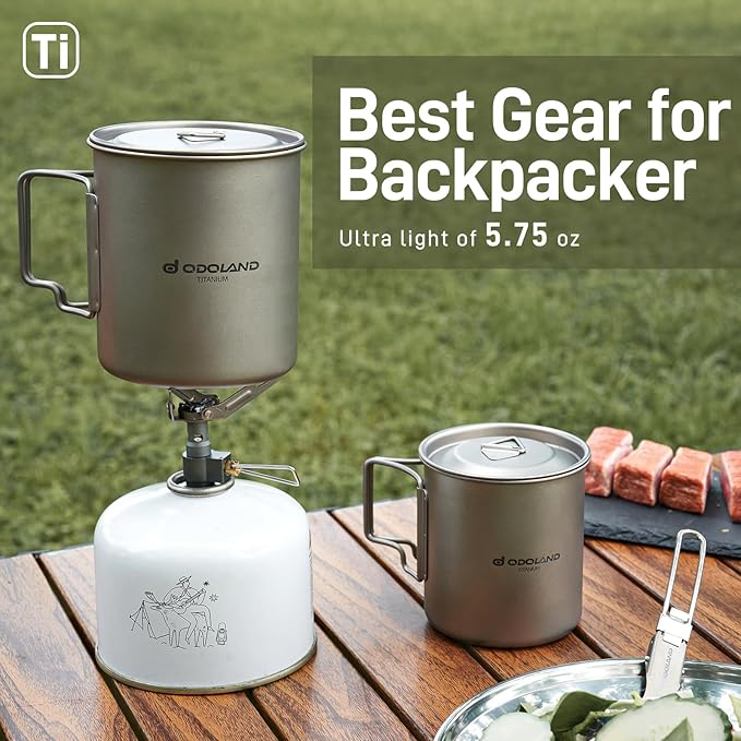 Odoland Titanium Camping Cookware 420ML Titanium Pot with Lid and Spork Lightweight Camping Pot for