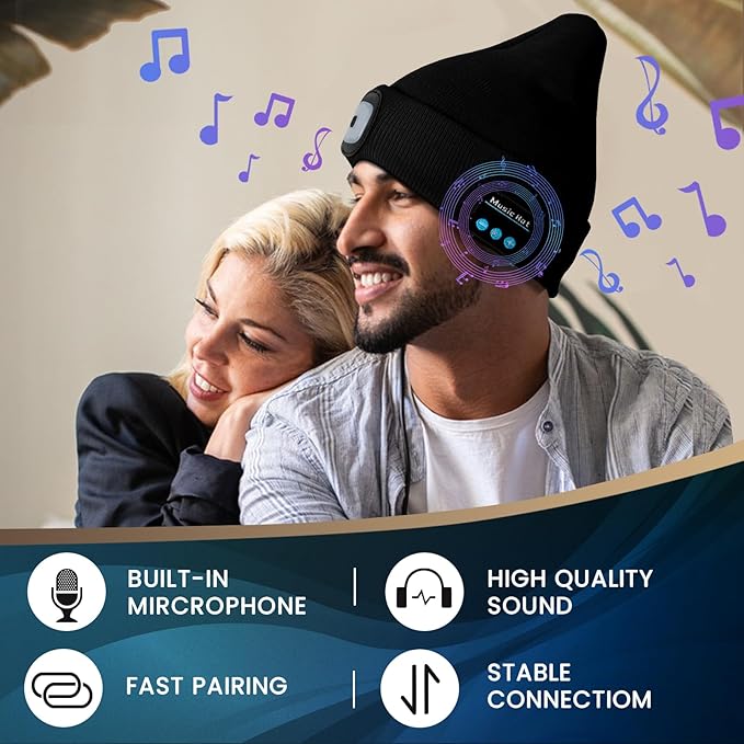 VIBELITE Bluetooth Beanie Hat with Light, USB Rechargeable LED Headlamp with Wireless Headphones