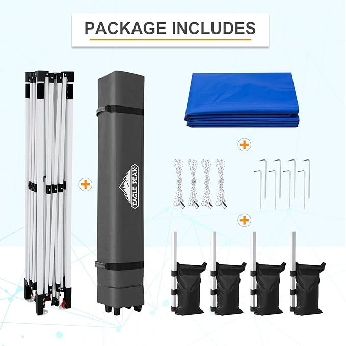EAGLE PEAK Pop Up Canopy Tent with Wheeled Carry Bag, 8 Stakes, 4 Ropes, 4 Weight Bags, Easy Set Up