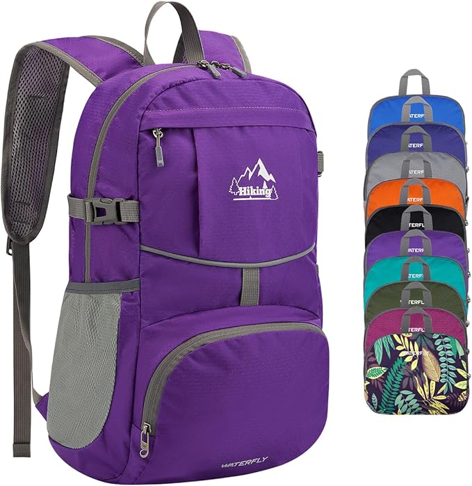 WATERFLY Hiking Foldable Daypack Backpack: 25L Ultra Lightweight Waterproof Day Pack for Woman Man