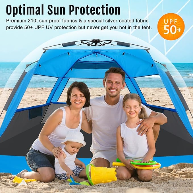 WhiteFang Deluxe Pop Up Beach Tent Sun Shade Shelter for 3-4/5-6 Person, UV Protection, Extendable
