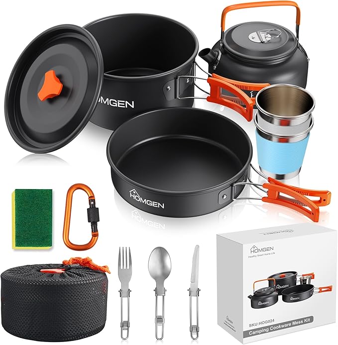 HOMGEN 12-Pieces Ultralight Anodized Aluminum Camping Cookware Set for 2 People - Nesting Pot/Pan