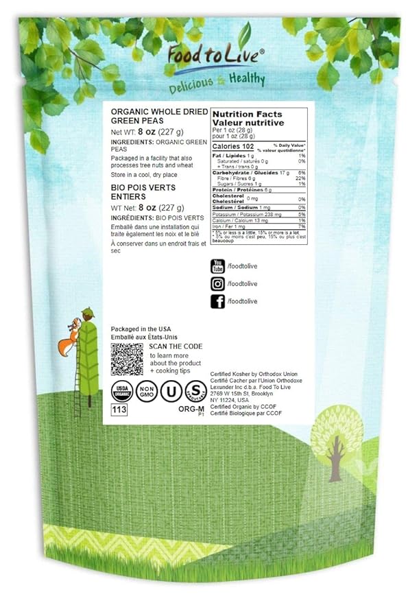 Food to Live Organic Whole Dried Green Peas, 8 Ounces – Non-GMO, Green Vatana, Sproutable, Vegan