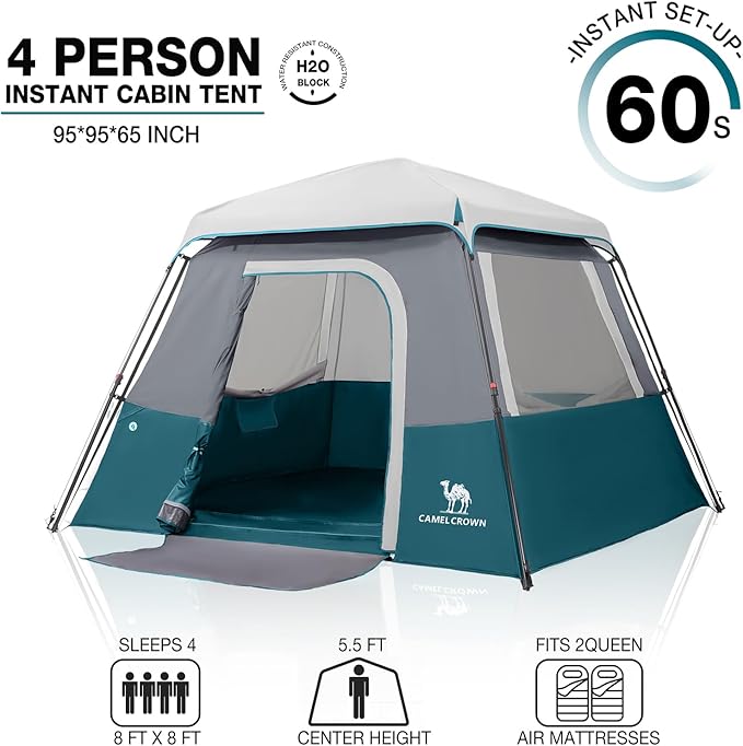 Camping Tents 4/6 Person Pop Up Instant Tent - Setup in 60s for Family Camping, Windproof Design