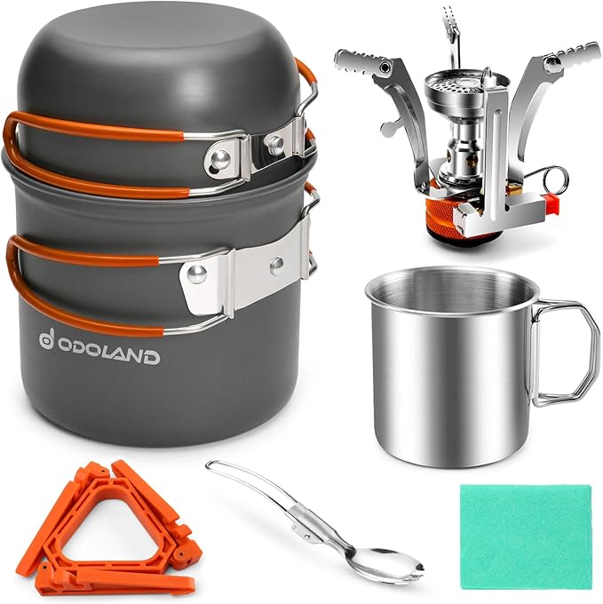 Odoland 8pcs Camping Cookware Mess Kit, Camping Pot and Pan Set with Mini Backpacking Stove