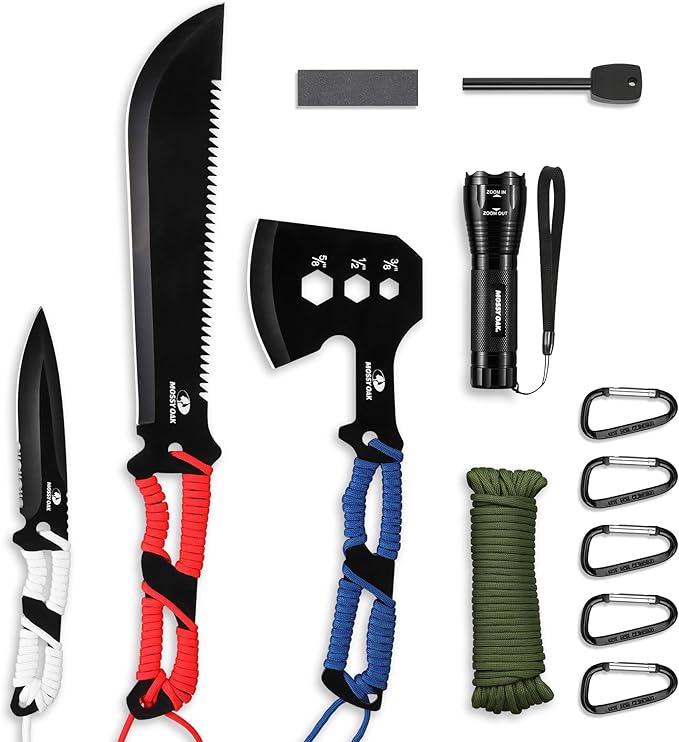 Mossy Oak Hatchet and Machete Knife Set with Sheath, One-Piece Axe & Hunting Knives with Paracord