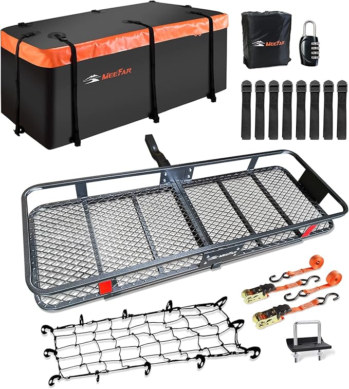 MeeFar Folding Hitch Mount Cargo Carrier Basket 60" X 20" X 6"+Waterproof Cargo Bag 16 Cubic