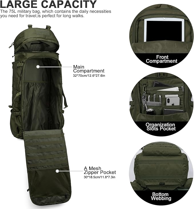 Mardingtop 75L Molle Hiking Internal Frame Backpacks with Rain Cover for