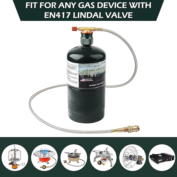 Camping Stove Adapter 1 Lb Propane Small Tank Input EN417 Lindal Valve Output Outdoor Cylinder LPG