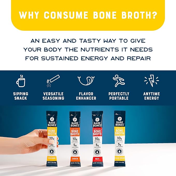 Bare Bones Bone Broth Instant Powdered Mix | 4 Beef 4 Chicken 4 Ramen 4 Lemon Ginger | Non-GMO
