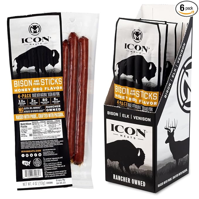 ICON Meats Bison and Pork Snack Sticks - Honey BBQ Flavor - 6 Packs Per Box, 4 Sticks Per Pack, All