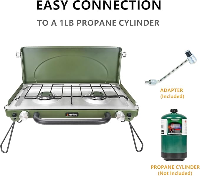 ONLYFIRE Portable Camping Stove 2-Burner, Propane Camp Stove with Foldable Legs, Camping Grill
