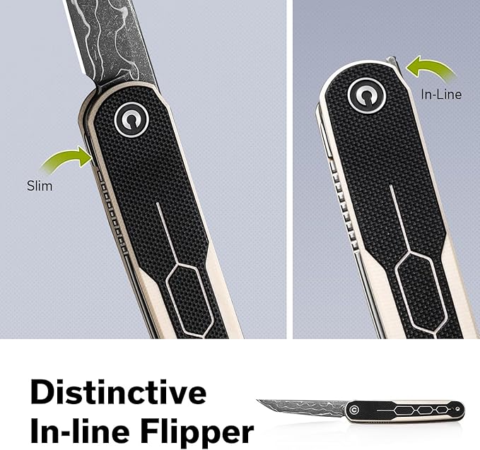CIVIVI KwaiQ Pocket Knife, Folding Knife with Inline Flipper for EDC, 2.97" Damascus Tanto Blade