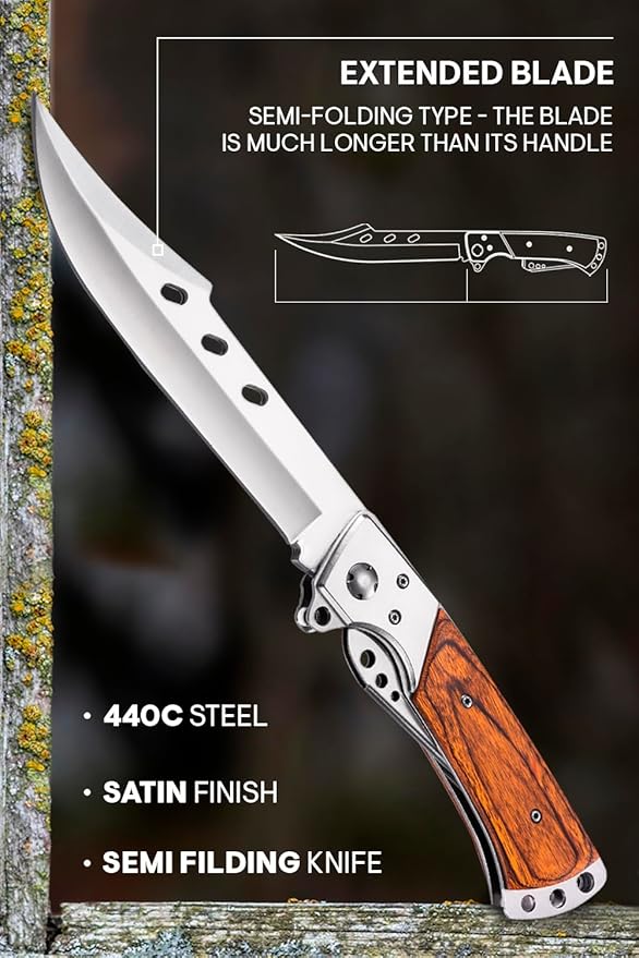 Grand Way Long Blade Folding Knife - Sharp Hunting Hiking Camping Tactical Survival Work Knives for
