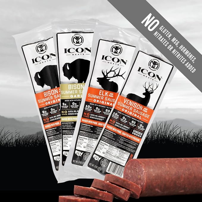 ICON Meats Summer Sausage Sampler Pack - Assorted Flavors of Bison, Elk, Venison, and Pork - 4 Pack