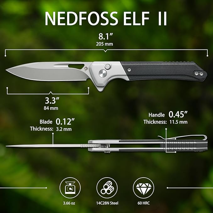 NedFoss ELF II Pocket Knife, 3.3" 14C28N Blade Button Lock EDC Knife with G10 Handle, Flipper Open