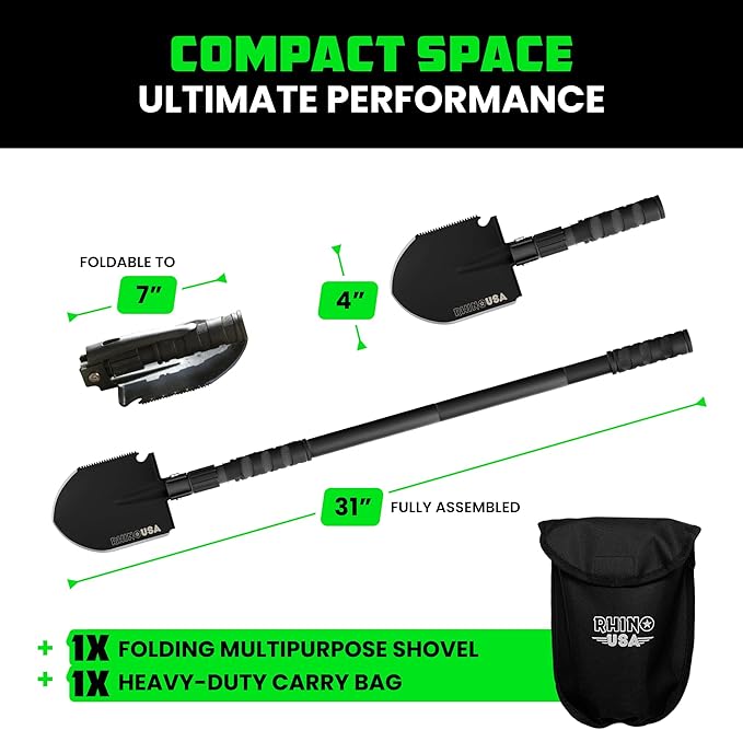 Rhino USA Survival Shovel w/Pick - Heavy Duty Carbon Steel Military Style Entrenching Tool for Off