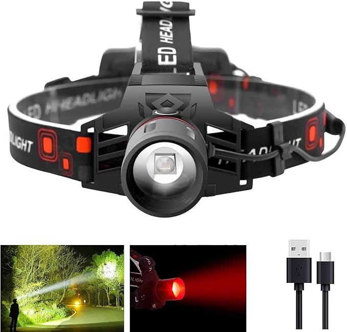 WINDFIRE White Red LED Rechargeable Headlamp, Super Bright Hunting Headlamps, 4 Modes 90°