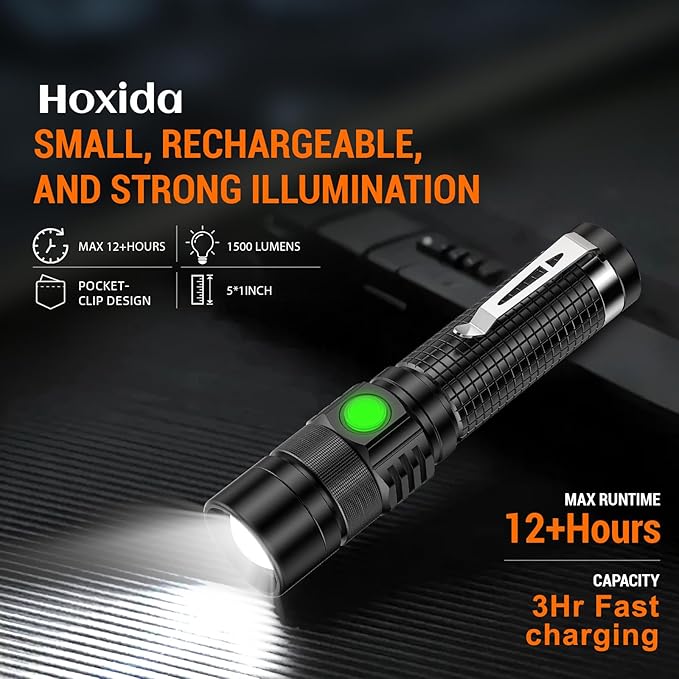 LED Tactical Flashlight Rechargeable - One Click SOS, Super Bright Small LED Flashlight 3Hr USB-C